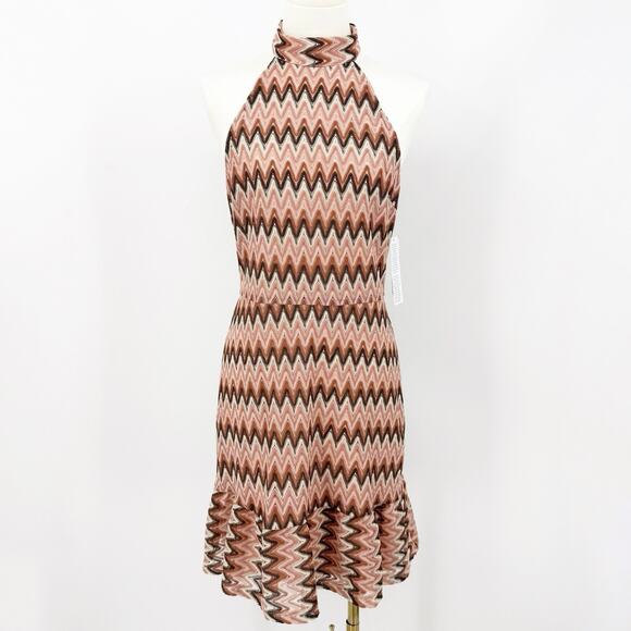 Donna Morgan Halter Mini Dress 6 Zigzag Lace Ruffle Hem Retro Party 70s Cocktail - Picture 2 of 11